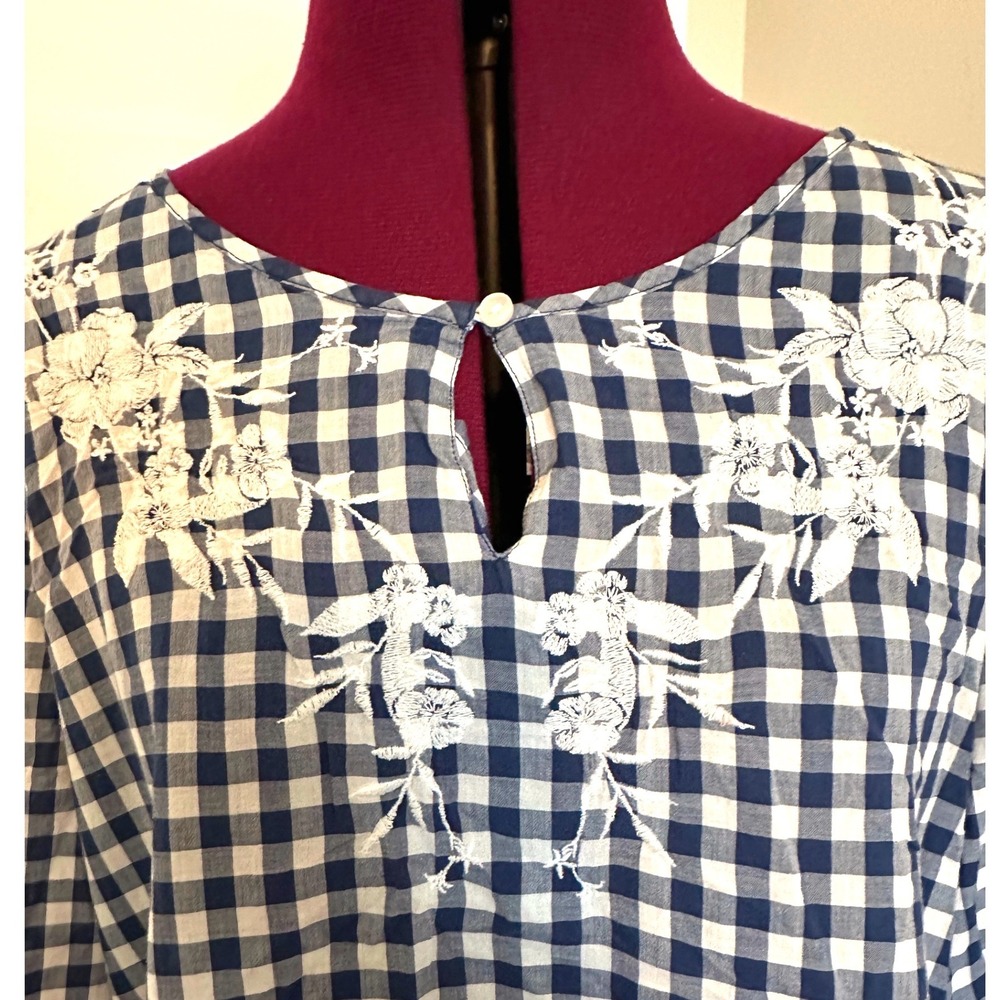 Liz Claiborne Blue Gingham Embroidered Cotton Blouse XL Peplum/Floral/Country - Picture 3 of 6